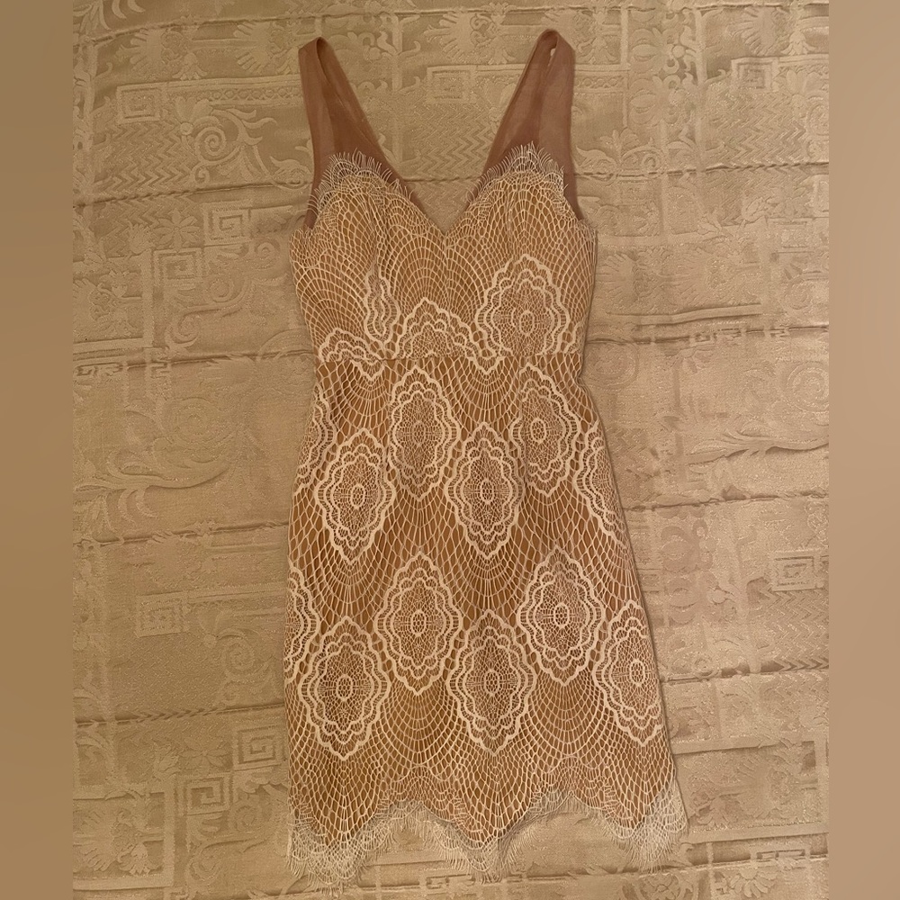 Lulus nude dress with white lace overlay